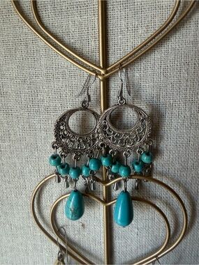 Turquoise Bead Boho Chandelier Earrings - Unbranded
